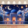 2D Eid Mubarak Backdrop 2D Blue Mosque Crescent Moon Water Reflection Photo Background for Themed Shoot