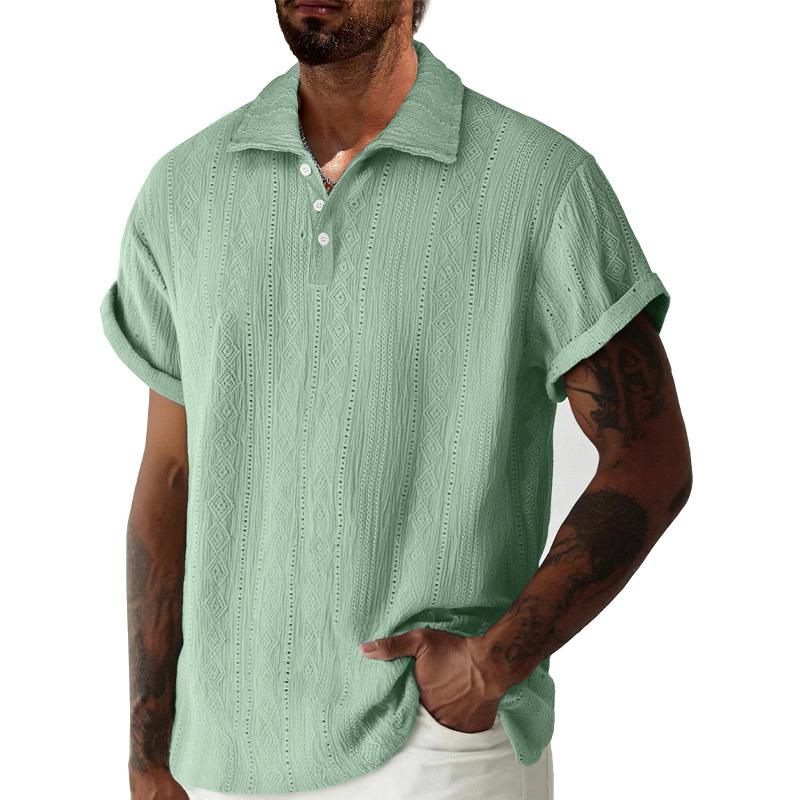 Summer Men Hollow Out Textured Polo Shirt Casual Roll Up Sleeve Top