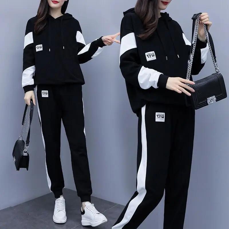 Women's Autumn Winter Sporty Plush Hooded Sweatshirt Pants Two Piece Sets Lady Casual Cool Black Letter Tops Trousers Suits
