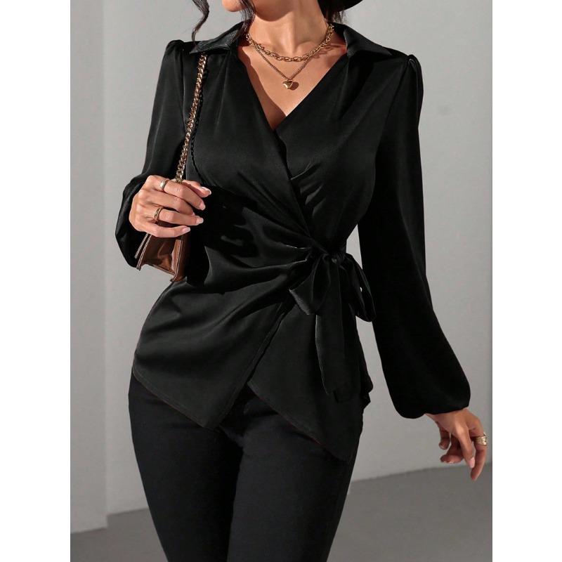 Spring and Winter Lace Up Waist Cinching Shirt New Long Sleeved Women Blouse Shirt with Tie Up Waist Fashion Tops Casual V Neck Clothing