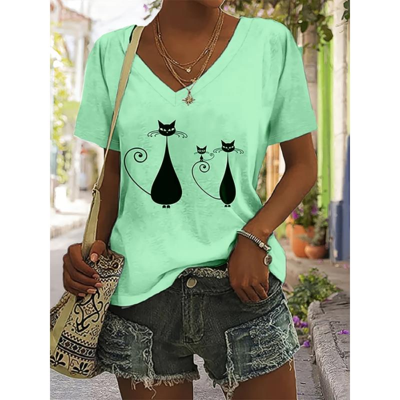 Women'S Plus Size V-Neck T-Shirt, Cartoon Cat Print, Medium Stretch,Regular Length - European and American Fashion New Arrivals
