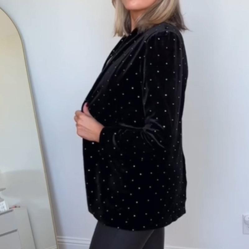 Velvet Diamond Decorated Black Blazer Woman Loose V-neck Suit Coat Fashion Casual Full Sleeve Solid Jacket Commute Spring Autumn