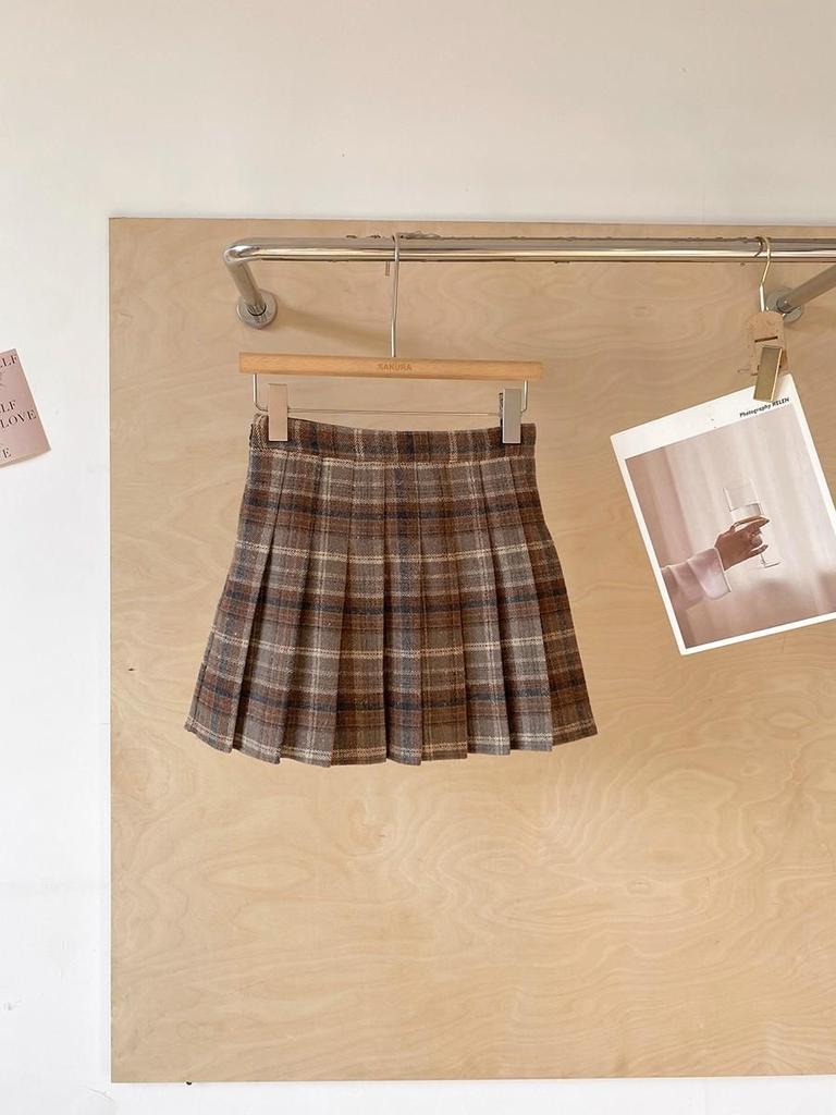 Korean Style Plaid Woolen High Waist A-Line Pleated Skirt for Women, Plus Size, College Fashion