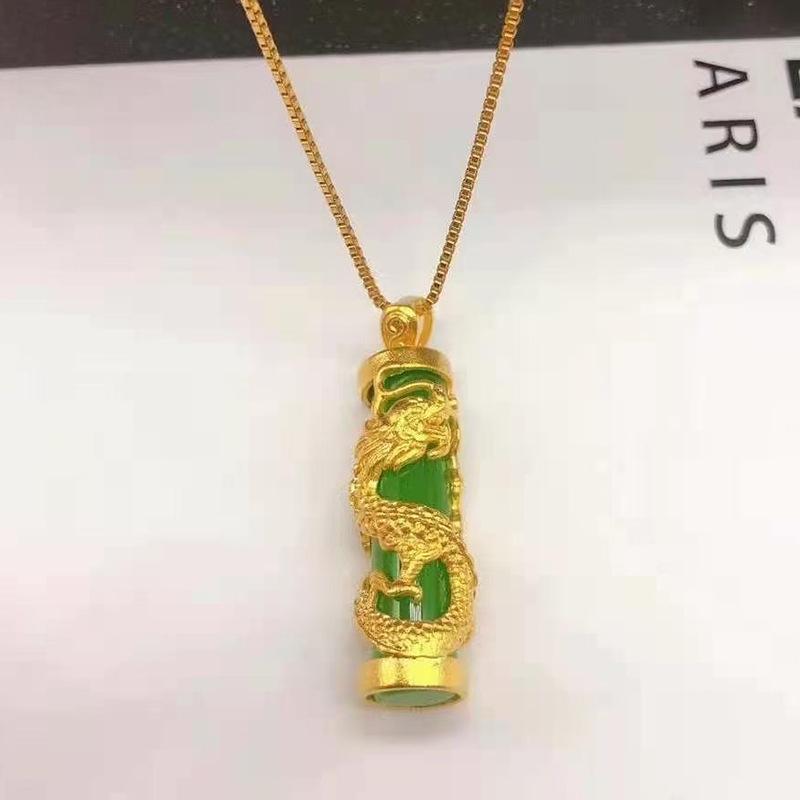 Gilded Brass Dragon Pillar Pendant with Imitation Gold Chalcedony and White Jade Necklace