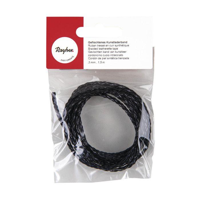 Ruban tressé en cuir synth. Idéal pour Bracelet 3mm Noir 1,5m