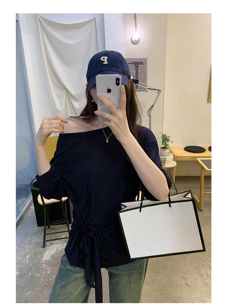 Korean Style Tie-Waist Long-Sleeved Off-Shoulder T-Shirt for Women - Autumn Edition