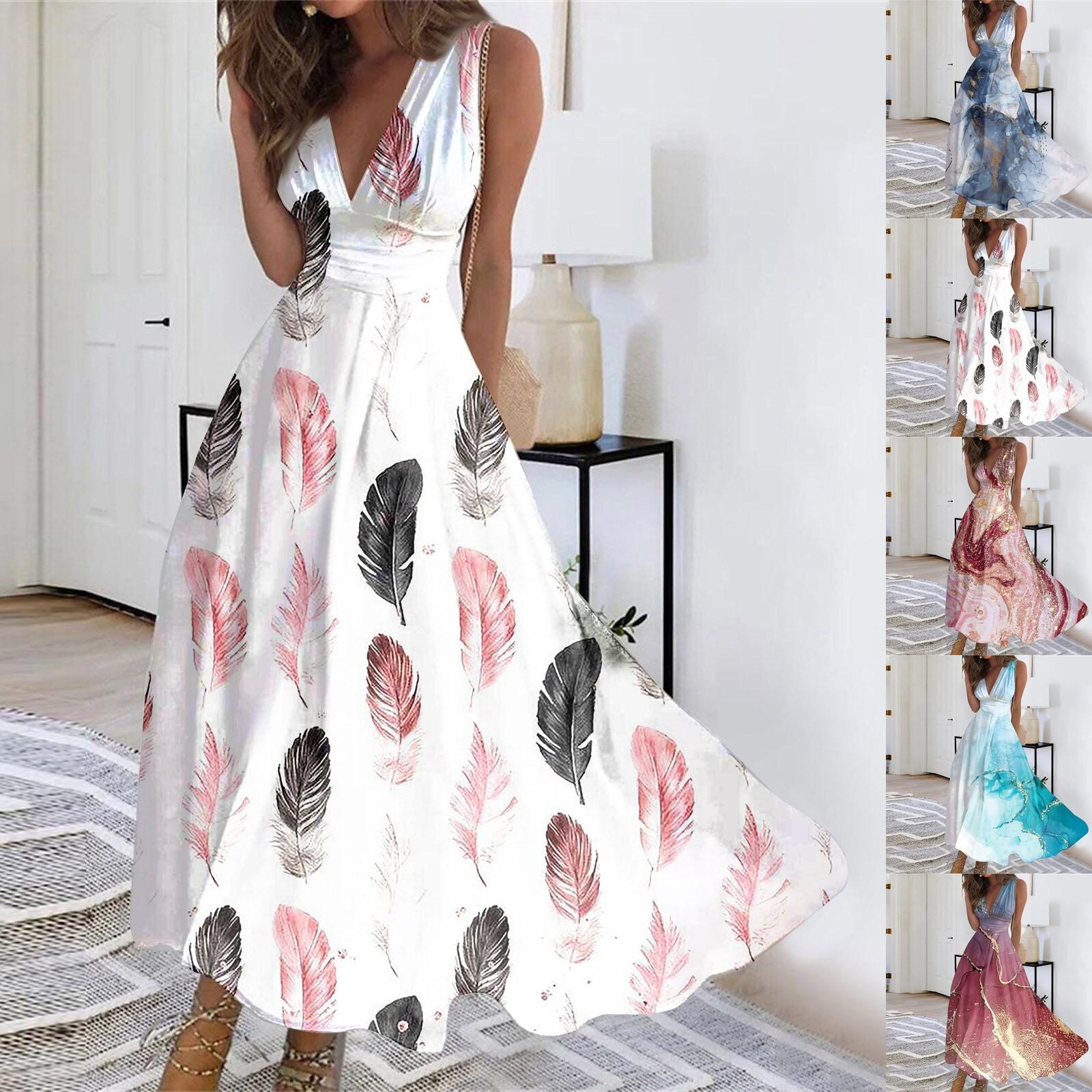 

Женское длинное платье Платье макси Повседневное платье Летнее повседневное платье без рукавов с V-образным вырезом в стиле бохо и талией с принтом S