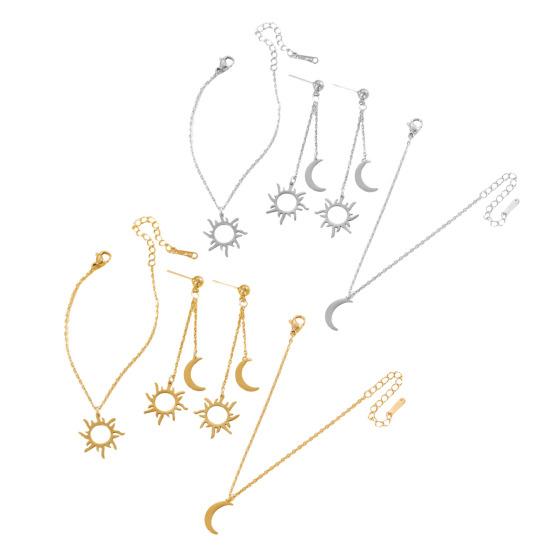 Women Adjustable Bracelet Asymmetrical Sun Moon Design Long Pendant Drop Earrings Face Slimming Jewelry