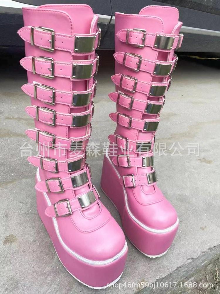 Buckle-up platform boots gothic wedge heels high boots female punk babes knight boots