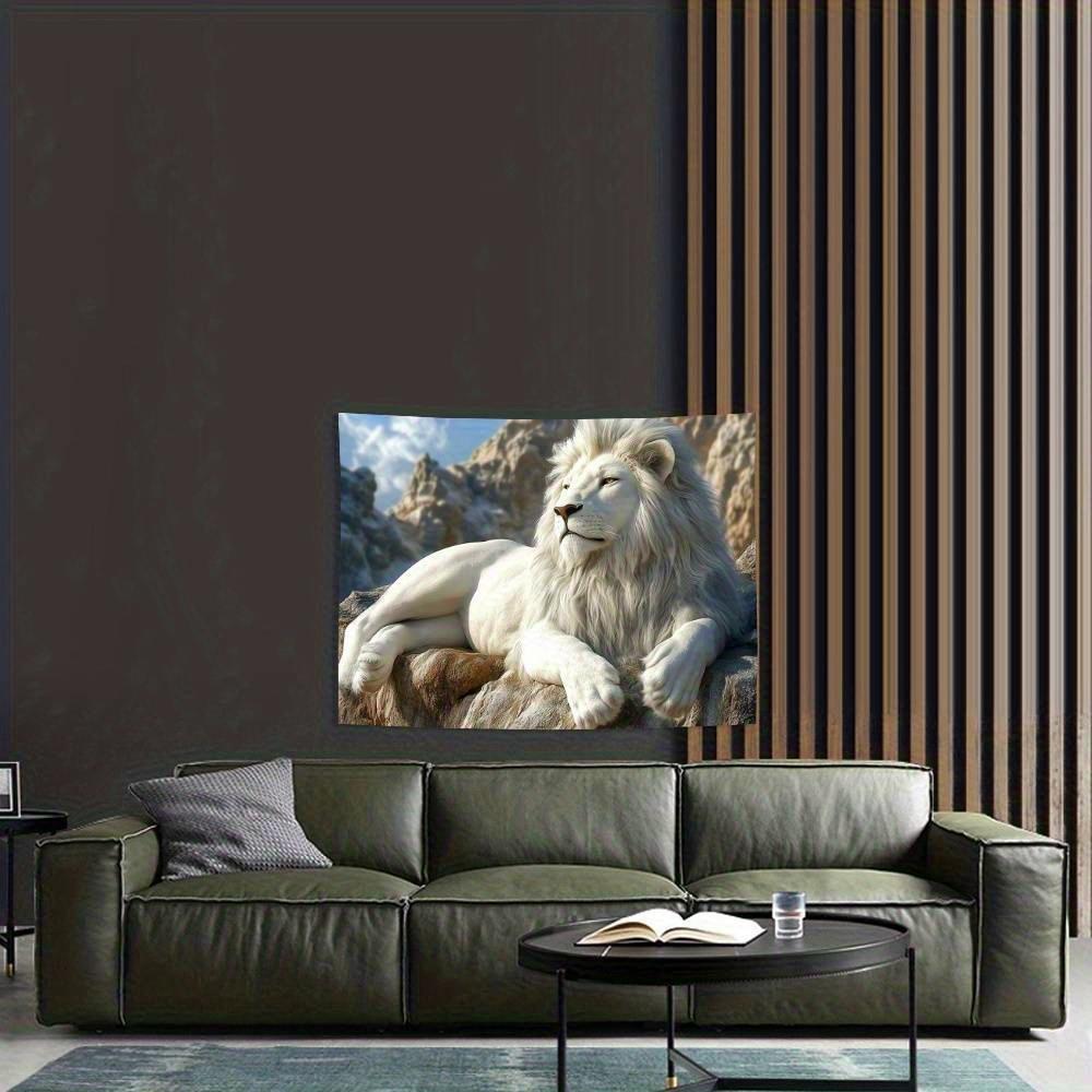 Weißer Löwe Wandteppich, Majestätischer König des Dschungels auf Felsklippe, Realistische Tier-Wandkunst für Wohnzimmer Schlafzimmer Heimdekoration