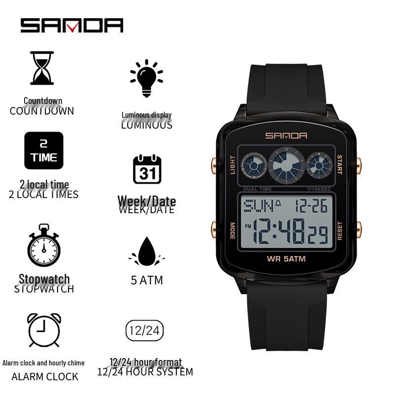 Sanda Dual Time Waterproof Transparent Sports Wristwatch with Colorful Single Display and Student Timer Function