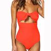 Women Strapless Bandeau Swimsuit High Waist One Piece Swimwear with Bow Tie Front Cutout Design Beachwear