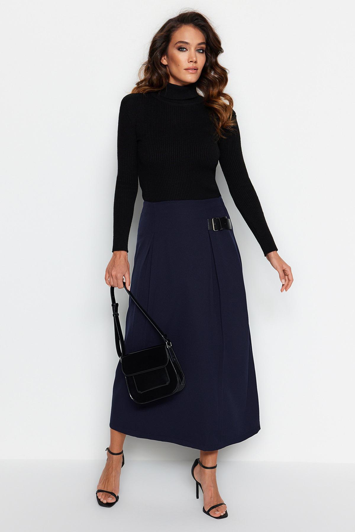 

Women s Fashion New Hijab Skirt Navy Blue Belt Detailed Woven Skirt S коричневий