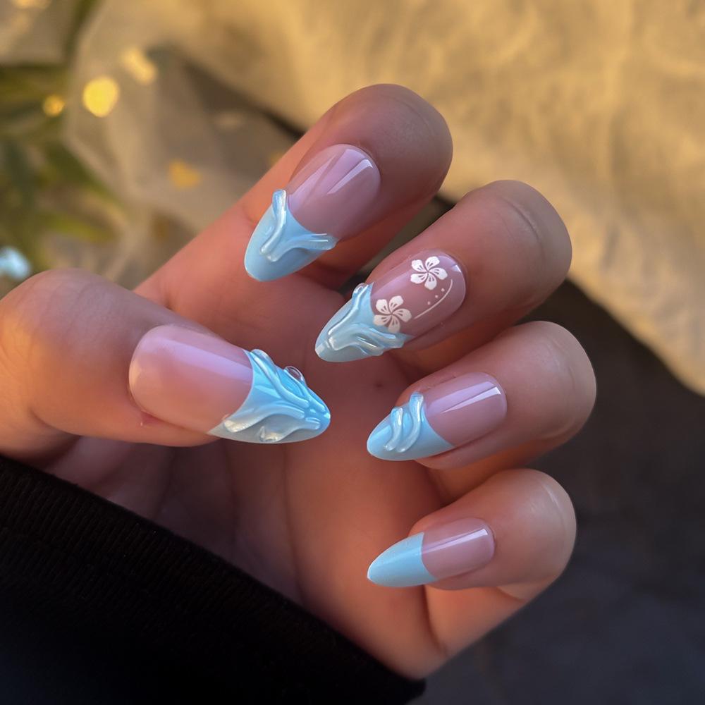 Blue Fishtail Pattern 3D Gel French Style Almond False Nails - 24 Nude Pieces