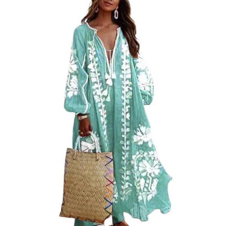 Women Summer Bohemian Floral Print Maxi Dress Deep V Neck Long Sleeve Oversized A Line Flowy Hem Retro Beach Vacation Tassel Dress