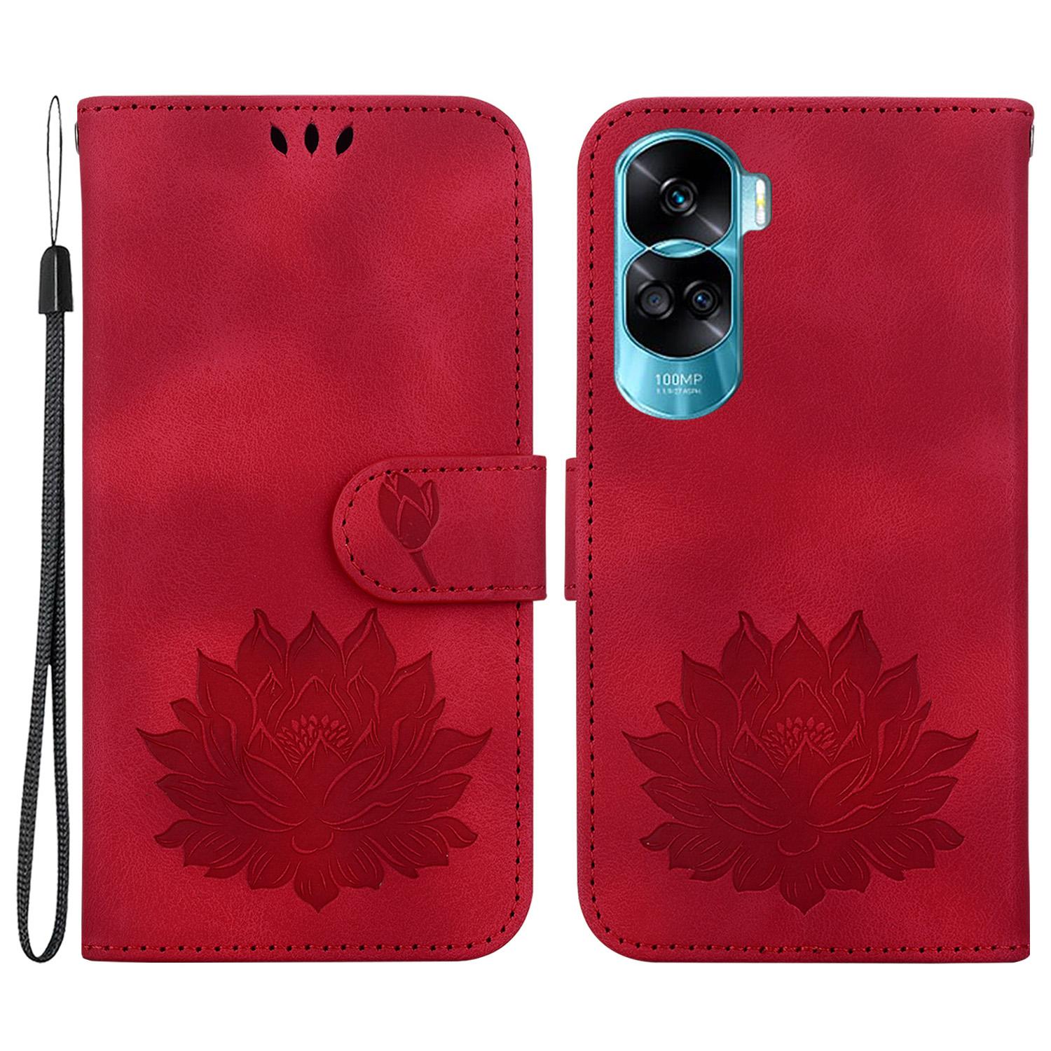 

For Honor 90 Lite 5G Case Lotus Pattern Wallet Stand Leather Phone Cover Red