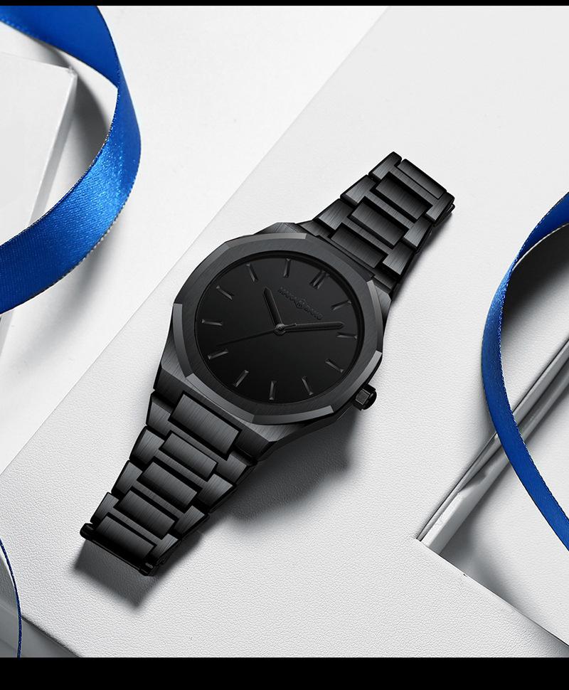 Hannah Martin Black Waterproof Watch with Japanese Miyota Movement and Polygonal Stainless Steel Bracelet.