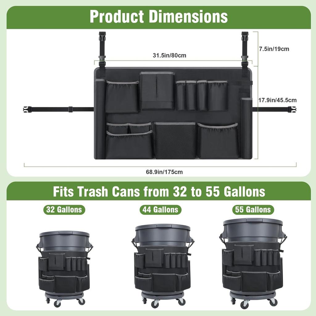 Trash Can Caddy Bag Adjustable Buckle Trash Bin Covers Large Capacity Cleaning Supplies Organizer Bag for 32-55 Gallon Porch