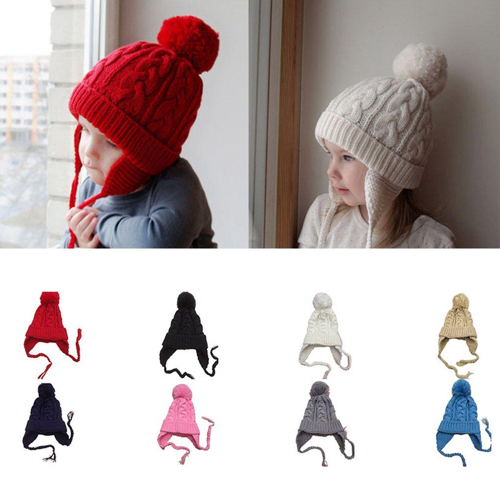 Kids Children Knit Hat Solid Color Ear Flaps Cap Boy Girl Warm Beanie Bonnet