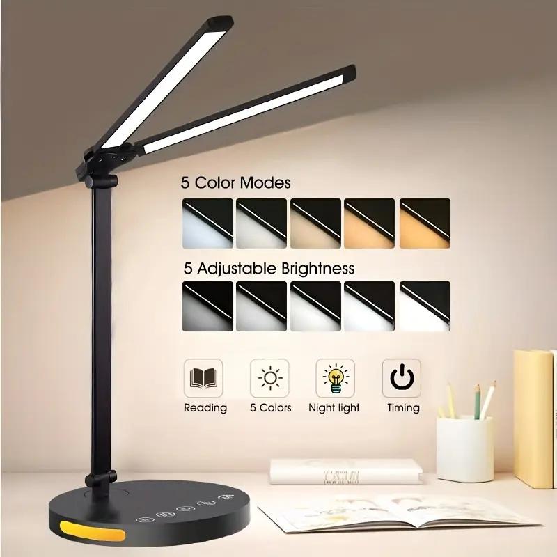 Dual Swing Arm LED Desk Lamp, Eye-Caring Foldable Desk Light with USB Charging Port, LED Table Lamp for Home Office Lighting