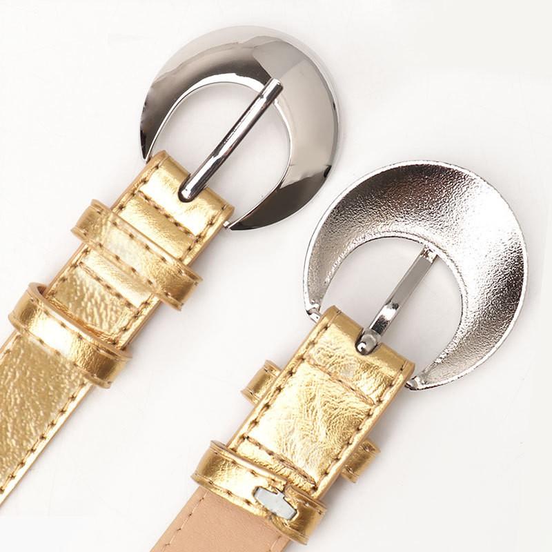 Womens PU Leather Belt With Round Alloy Pin Buckle Stylish Waistband Dresses Jeans Casual Outfits