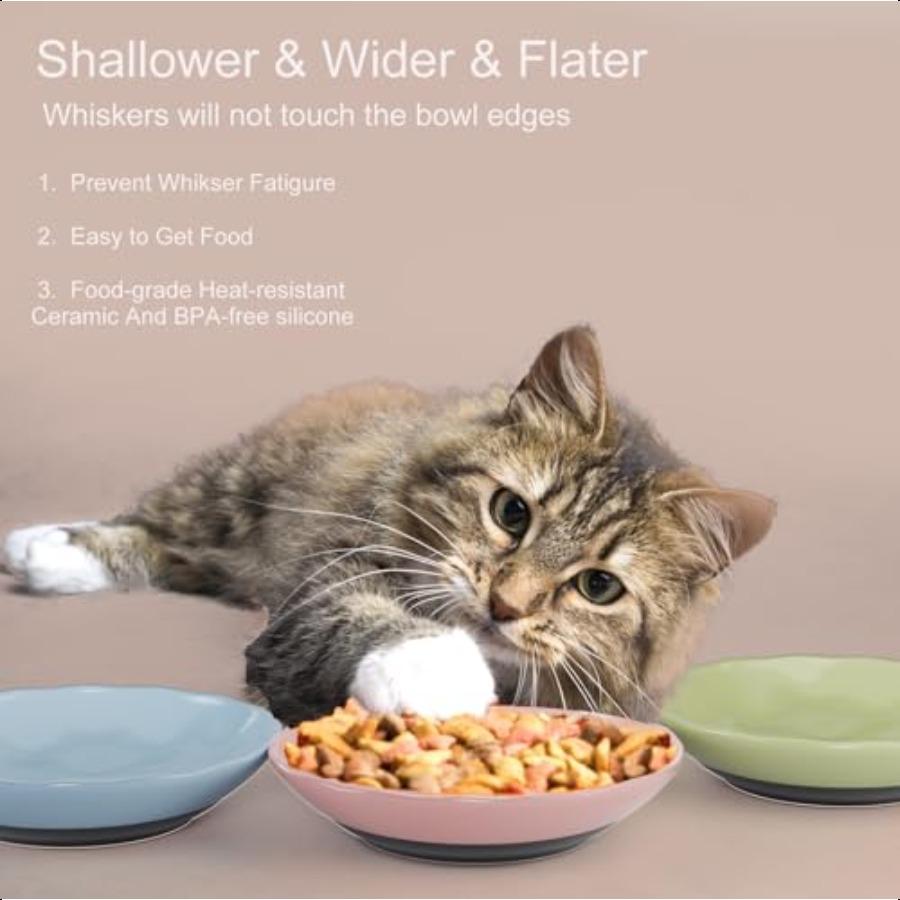 Cat BowlsCeramic Cat Food Bowl Whisker Fatigue for Indoor Cats Ceramic Shallow Cats Dishes for Food and Water with NonSlip Sili