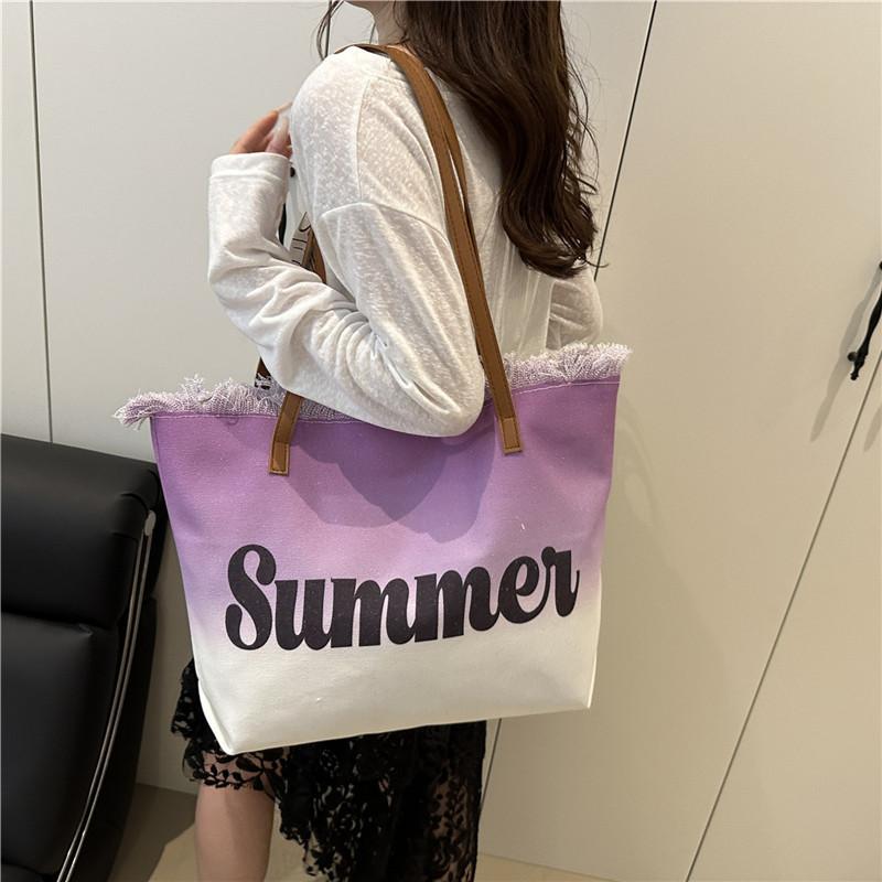 Summer Large Capacity Women Canvas Shoulder Bags Casual Tassel Design Ladies Beach Tote Bag Ctrast Color Letter Female Handbag