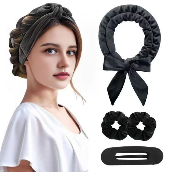 No Heat Hair Curling Rod Bow Headband with 2 Scrunchies Clip Women Overnight Sleeping Velvet Hair Curler Long Hair Curls Roller Styling Tool