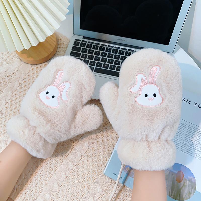 Fold-eared rabbit mittens female winter cute warm and cold-proof plush thickened plush neck cartoon