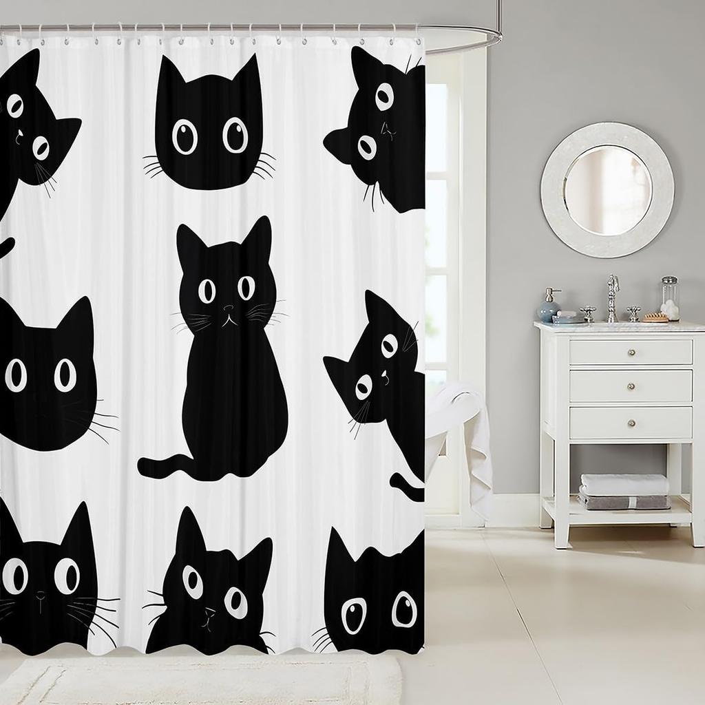 Black Cat Shower Curtain Pet Cats Bathroom Accessories Kitten Cute Halloween Gothic Kids Girls Boys White Black Waterproof Bath