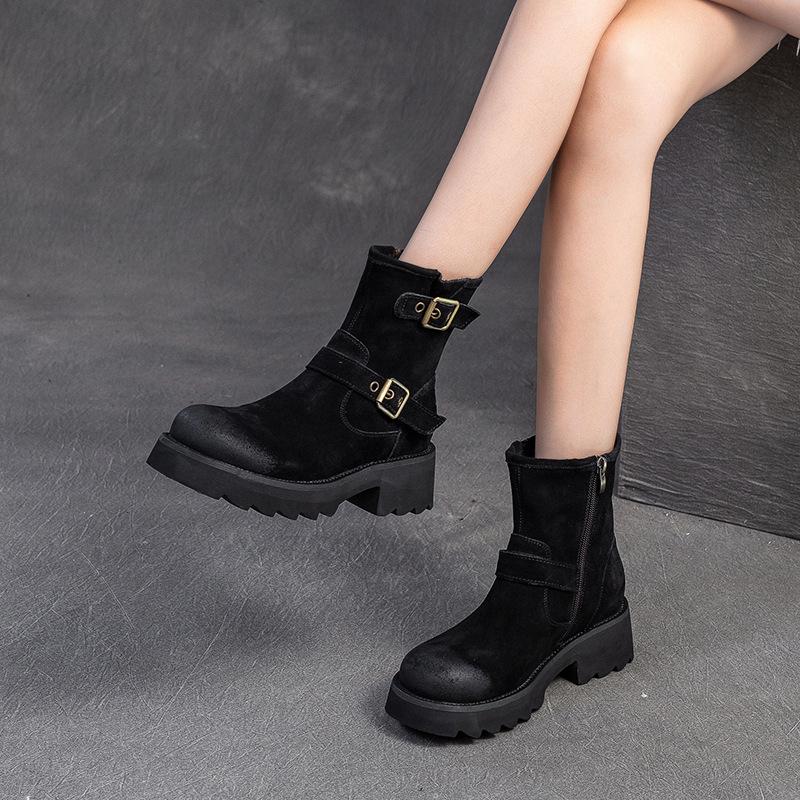 Fashion GKTINOO Genuine Leather Thick Heeled Thick Soled Short Boots Women 2025 Winter New Round Toe Retro Platform Shoes Ankle Boots