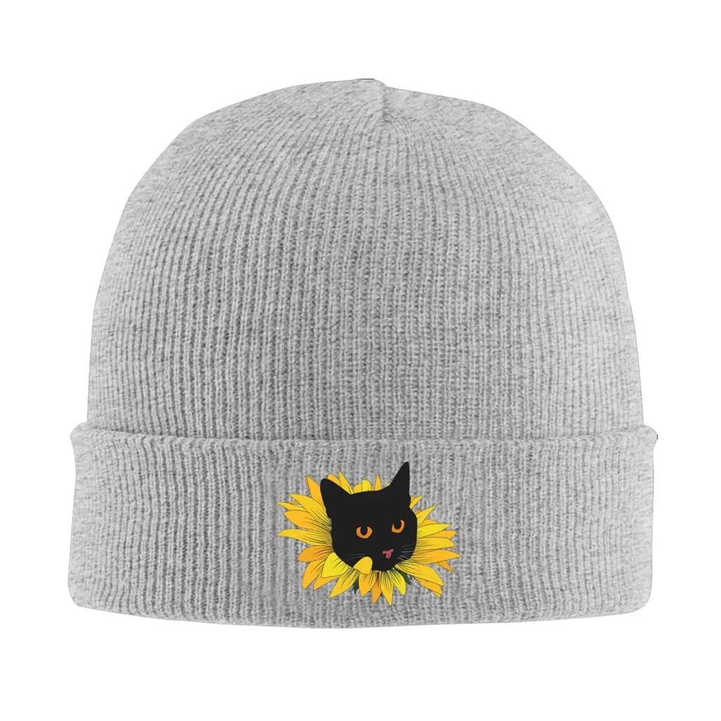Black Cat Popping Out Of A Sunflower Warm Knitted Cap Fashion Bonnet Hat Autumn Winter Outdoor Beanies Hats for Unisex Adult