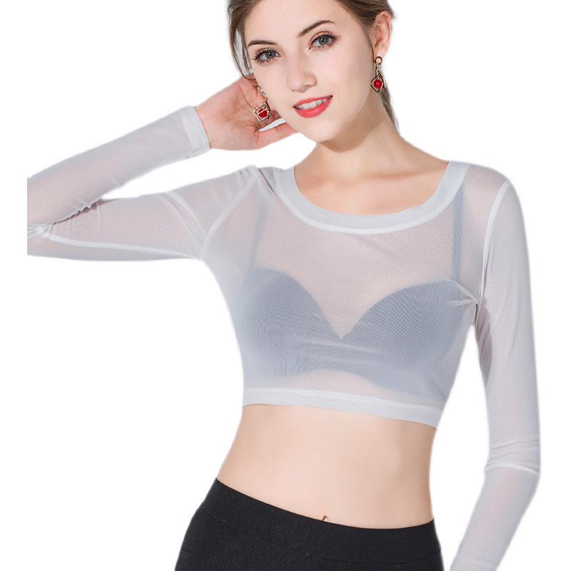 Dames Doorzichtig Kant Cropped Top - Lange Mouwen, Ronde Hals Mesh T-shirt voor Layering met Rokken