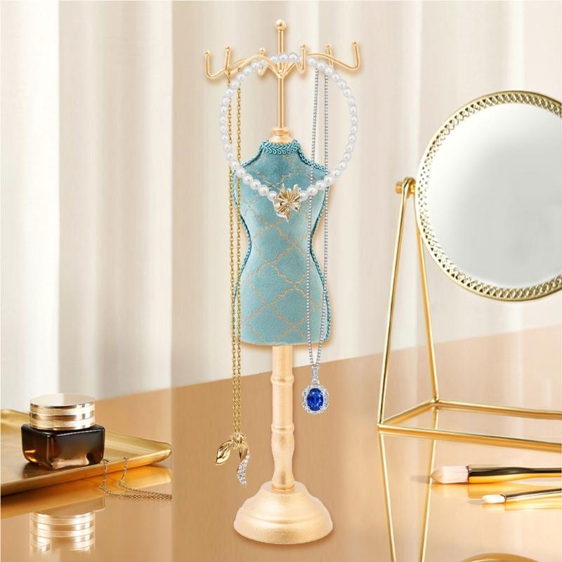 Elegant Jewelry Stand For Women Blue Mannequin Princess Dress Necklace Earring Stand Holder With Gold Accent