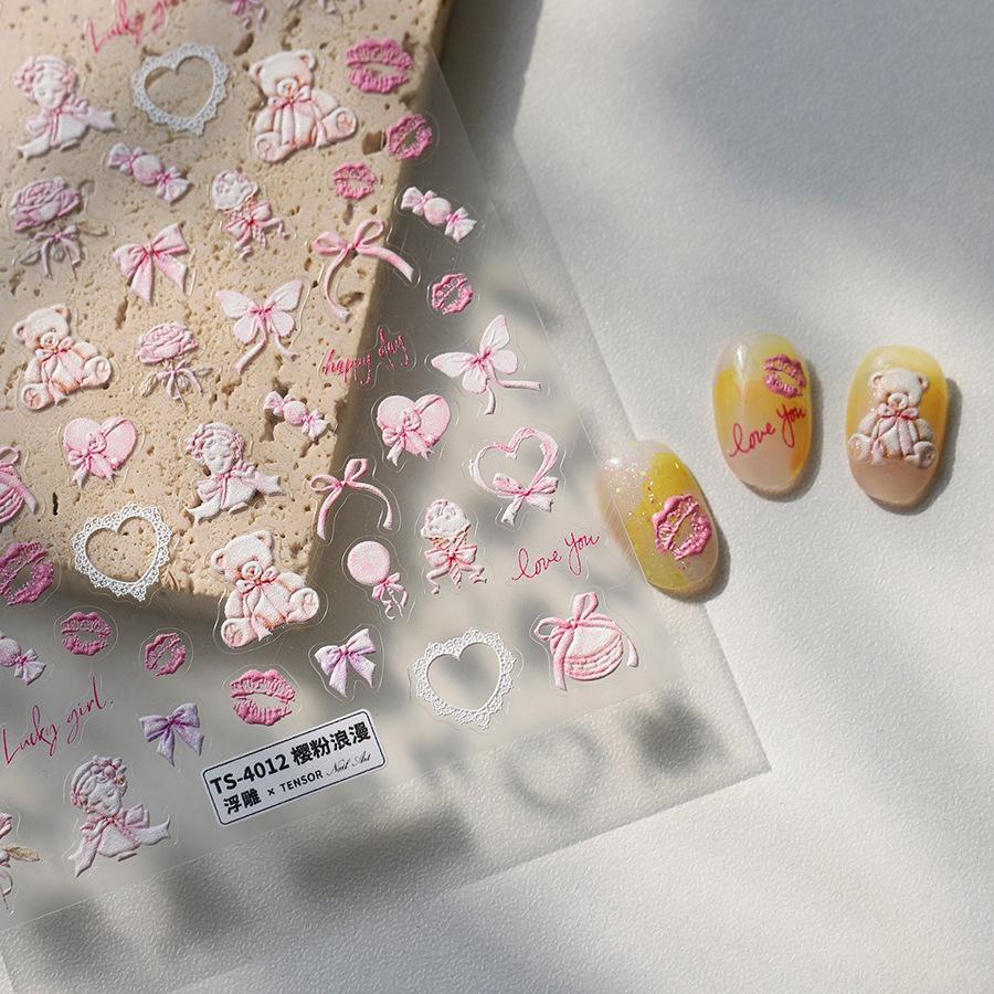 Magic Ferrite 5D Cherry Pink Embossed Nail Art 3D Romantic Frosted Thin Transparent Stickers TS-4012