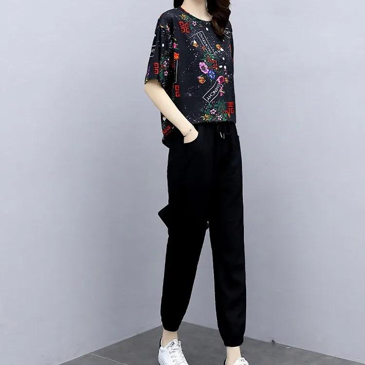 Women's Summer Casual Sports Suit Round Neck Short Sleeve T-shirt + Pants Two-piece Set