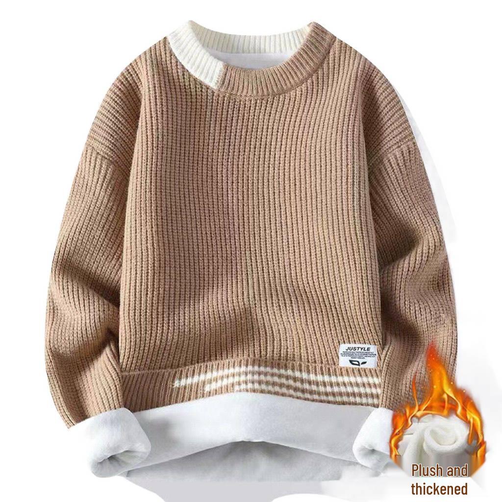 Men's Velvet Thick Knit Sweater - Autumn/Winter Round Neck Trendy Warmwear for Teen Students
