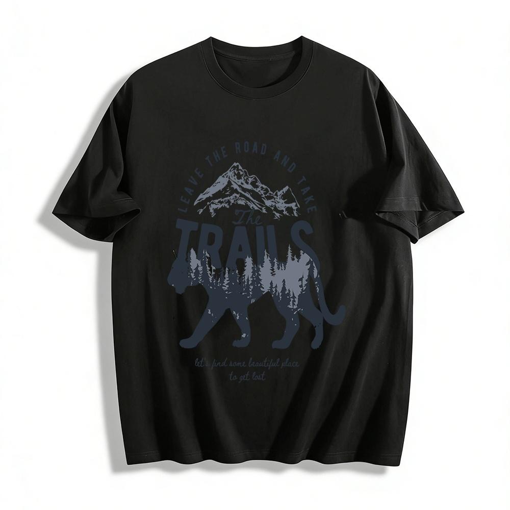 Leave The Road Take Trails Mountain Panther Hiking Graphic Tee Pure cotton T-shirt XXS