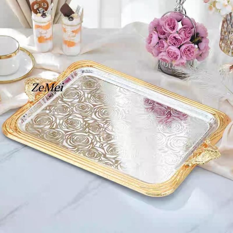 European-Style Rectangle Cake Plate,Carving Rose Home Portable Metal Fruit Tray,Large Size Storage Plate Wedding Decoration