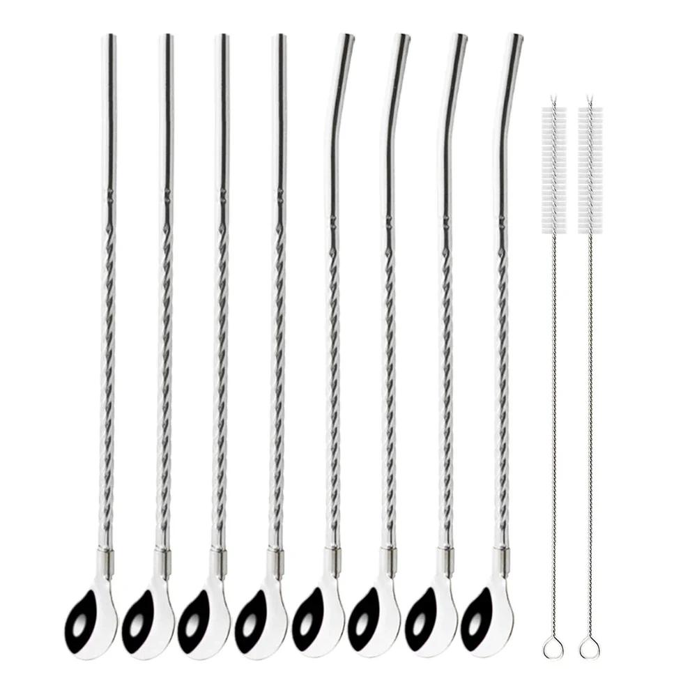 10Pcs/Set Straw Spoon Portable Black Tea Scoop Reusable Colored Stainless Steel Straws Colorful Dinnerware Set For Bar Party