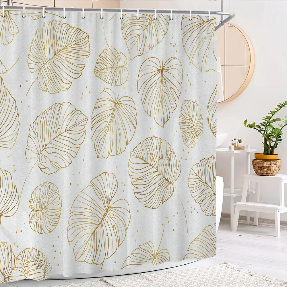 Tropical Banana Golden Leaf Shower Curtain, Bathroom Decorative Shower Curtain, Printed Fabric Home Curtain with Hooks