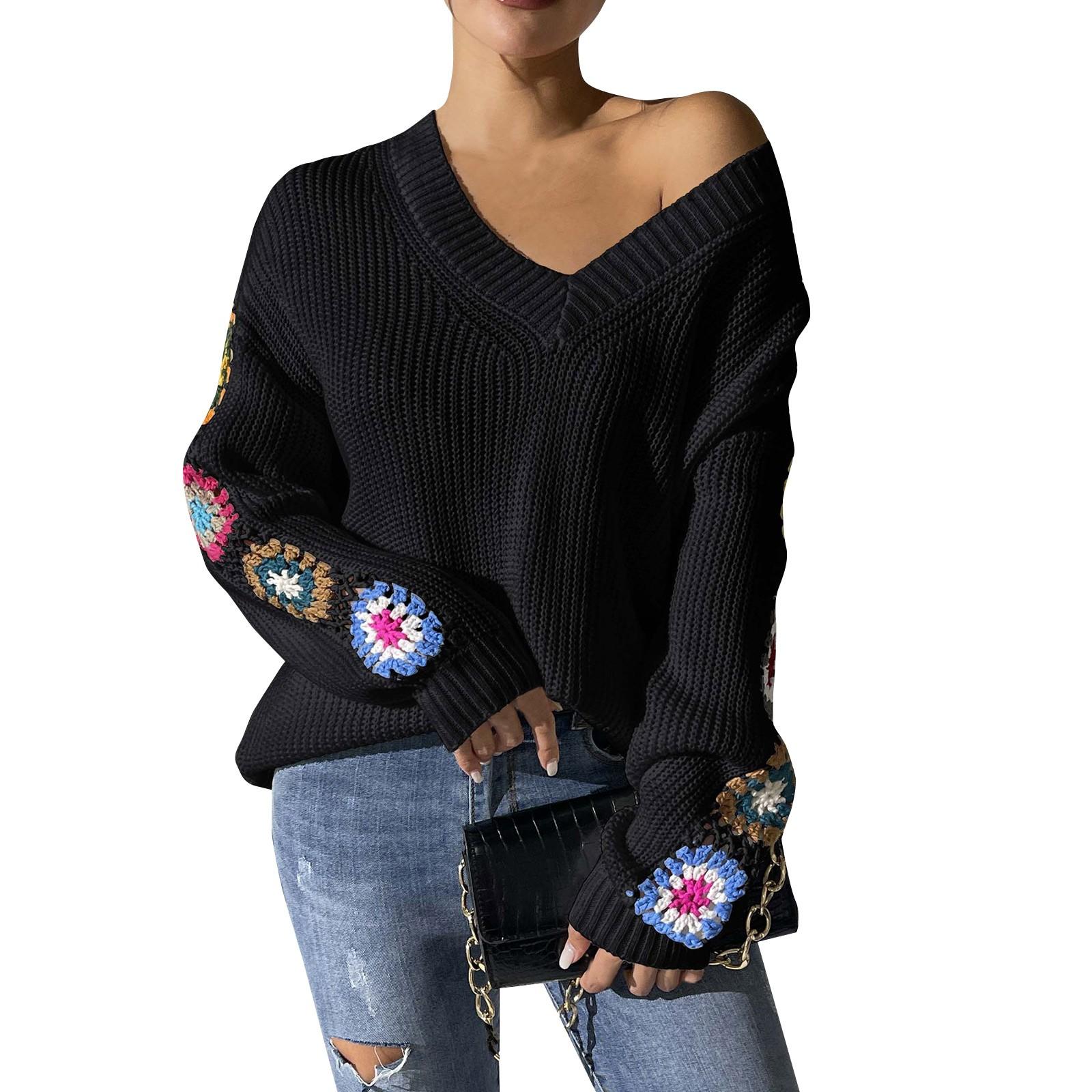 

Женский свитер с длинными рукавами, повседневный, смешанных цветов, связанный крючком вручную, с цветочным узором и V-образным вырезом XL чёрный