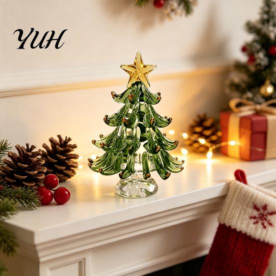 Elegant Holiday Home Decor Decorative Glass Christmas Tree with Star Topper, Mini Shiny Ornaments for Office Figurine, Creative Tabletop Ornament,
