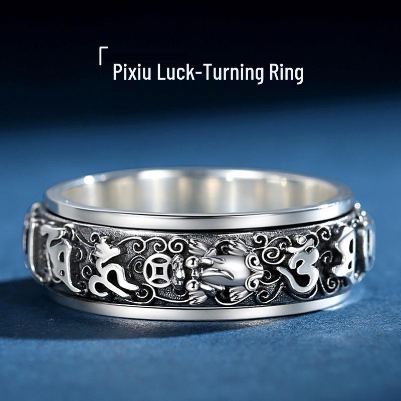 Six-Character True Mantra Pixiu Rotatable Ring - Men s  Women s National Trend Index  Pinky Ring