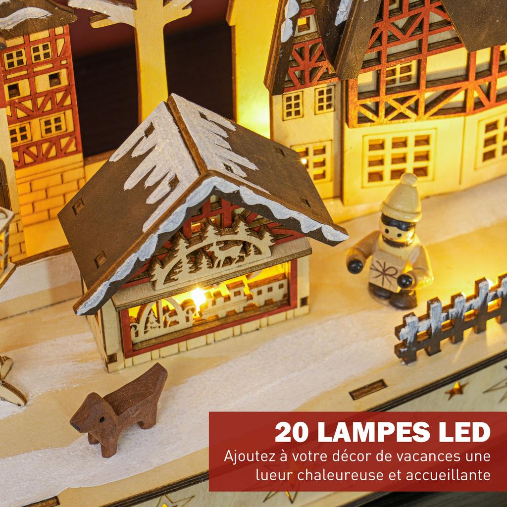 Bright Christmas village, lively wooden Christmas village, with 20 LEDs, snowy landscape, 45L x 12l x 30H cm, natural wood