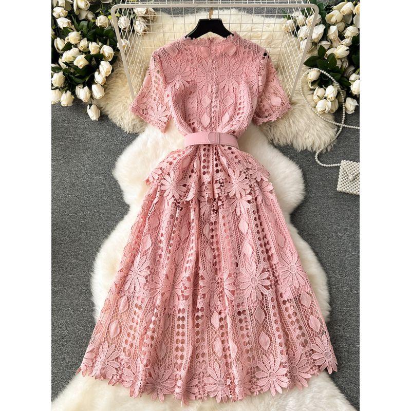 Retro Lace Ruffles Silm Dress Embroider
