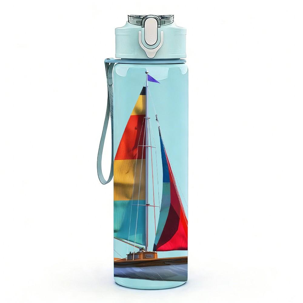 1PC Simple Single Sailboat Ocean Print 750ml Color Plastic Sports Water Bottle Leakproof Flip Straw Lid Suitable for Sports Office Home Use