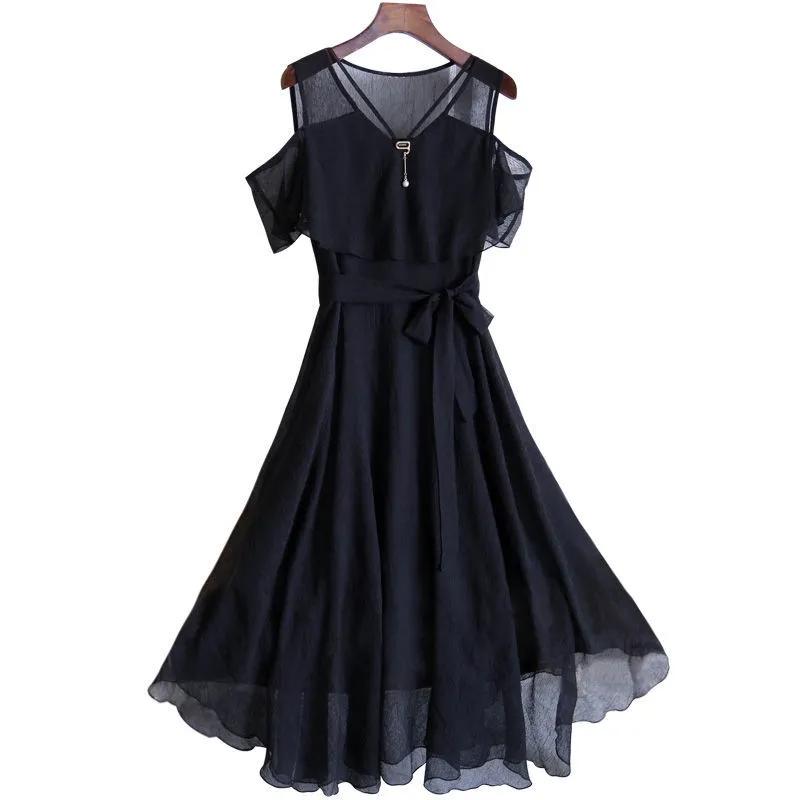 Abito estivo da donna, design slim fit, stile medio-lungo, snellente, temperamento, gonna in chiffon senza spalle