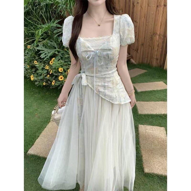 French sweet little fairy dress women's summer high-end fake two short-sleeved temperament waist long skirt