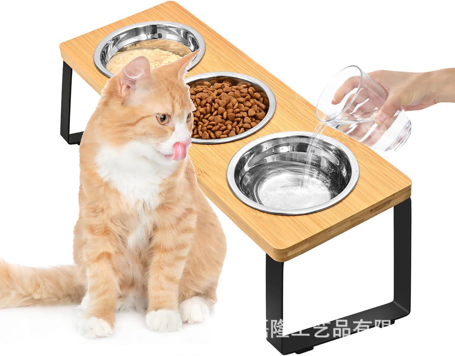 Solid Wood Cat Bowl Stand with Anti-Tip Slanted Design